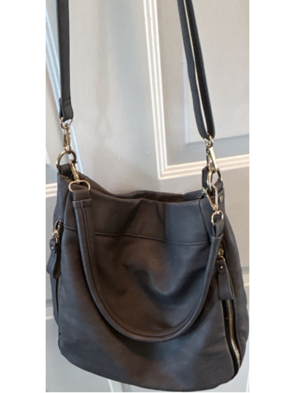 Madison West Gray Herringbone Crossbody Bag, Adjustable Strap, Zip Pockets
